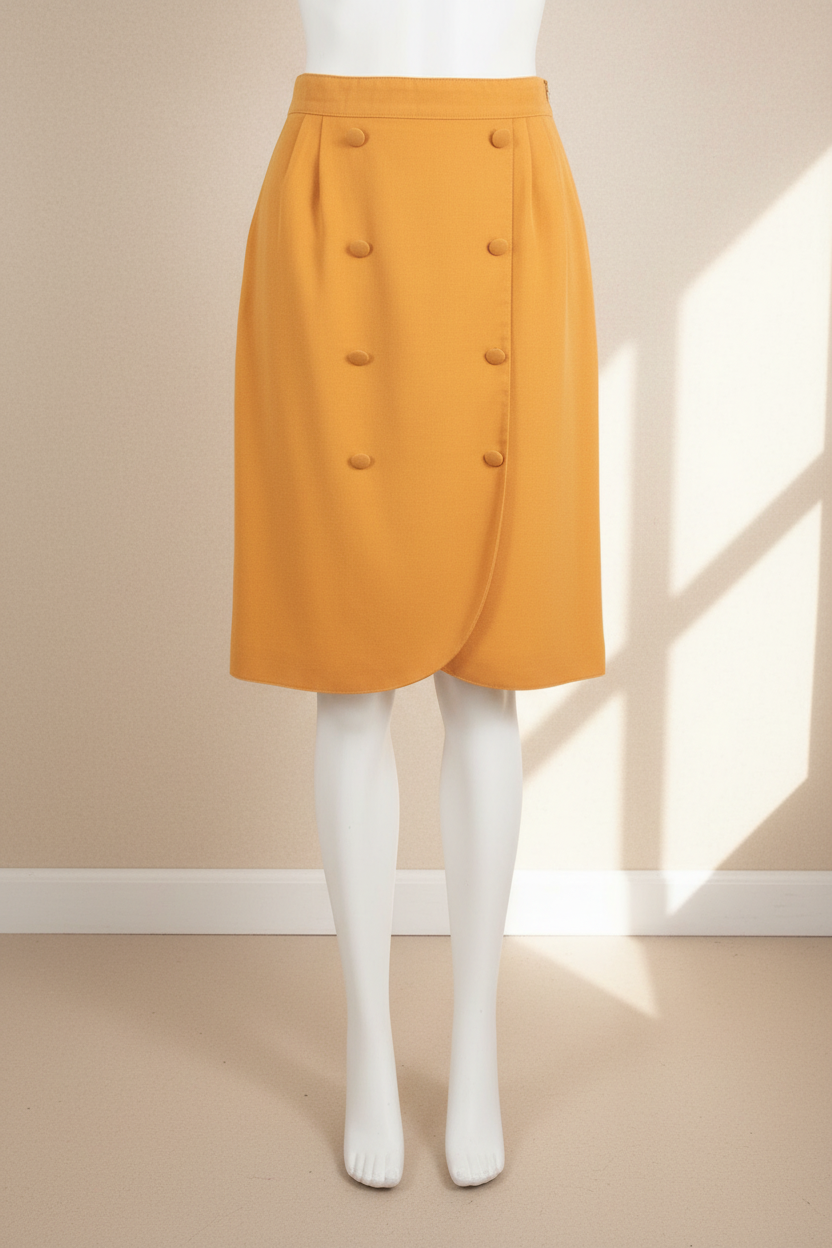 Jupe midi Frippindealz J. Preiss jaune moutarde style portefeuille avec boutons décoratifs, fabriquée en France
