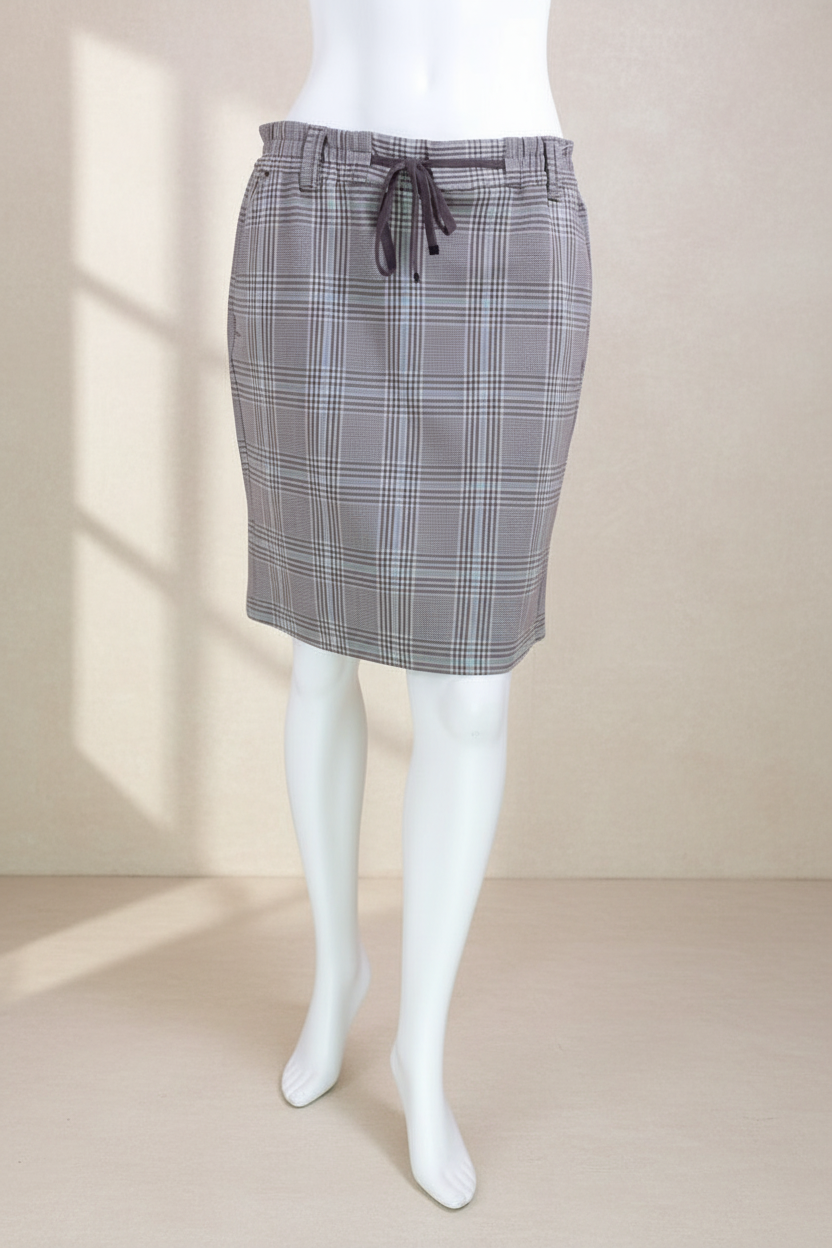 Jupe midi Frippindealz Cecil marron à motif carreaux, coupe droite avec taille élastiquée et lien de serrage