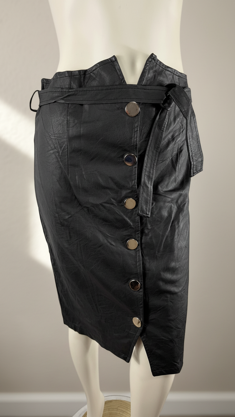 Jupe midi Frippindealz New Collection en similicuir noir avec boutons argentés et ceinture nouée sur mannequin