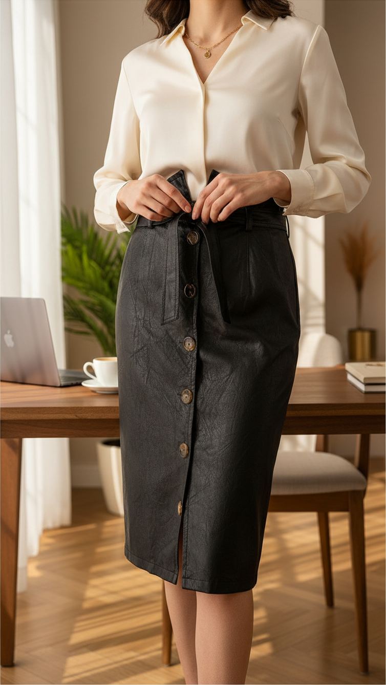 Jupe midi Frippindealz en similicuir noir avec fermeture boutonnée et ceinture nouée, style rock chic élégant