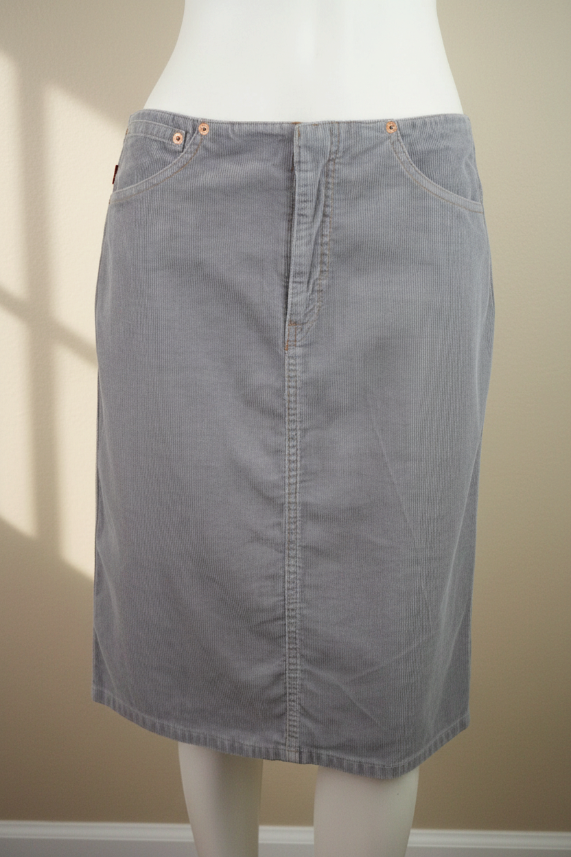 Jupe midi Frippindealz Levi's en velours côtelé gris avec taille haute et détails de rivets cuivrés