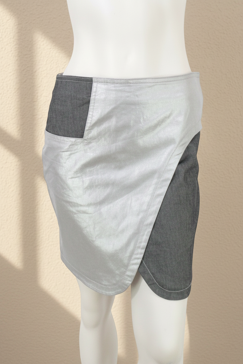 Jupe mini Frippindealz asymétrique style Y2K, mélange de tissu gris chiné et empiècement argent métallisé futuriste