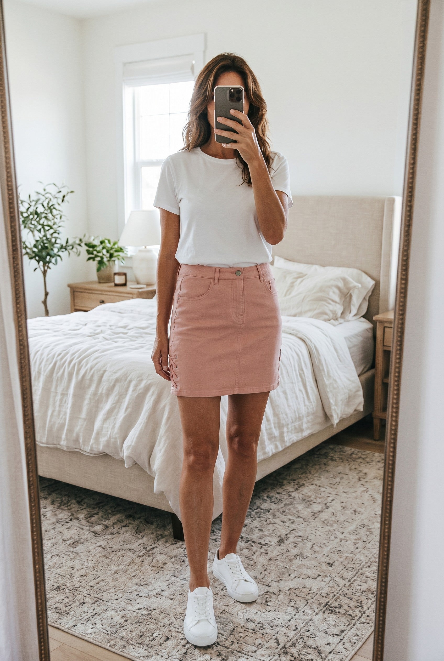 Frippindealz Jupe courte rose poudré en coton stretch, taille 38, avec détail lacets côté style Y2K.