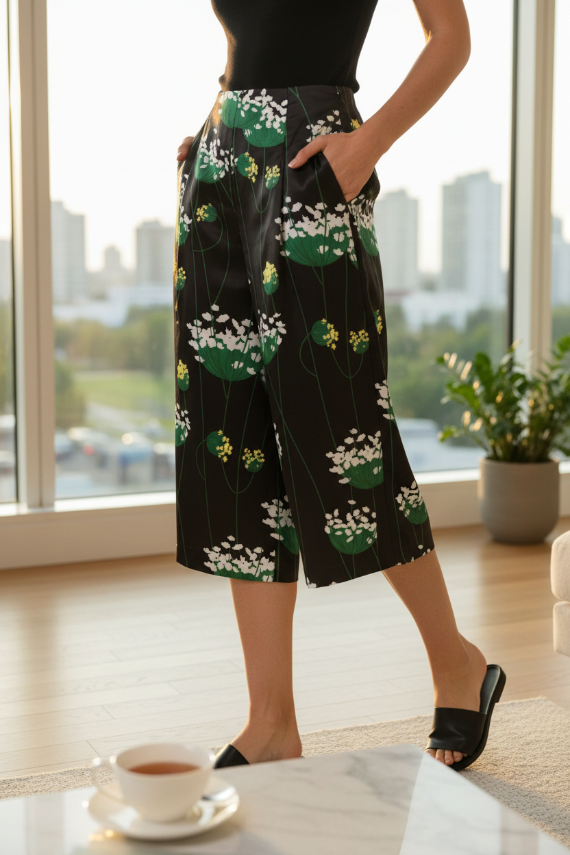 Jupe-short Frippindealz fluide en polyester noir à motif floral botanique vert et blanc, portée avec un haut noir