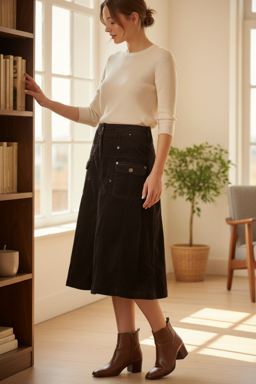 Femme portant une jupe mi-longue en velours côtelé marron Frippindealz avec des poches, style casual chic en intérieur