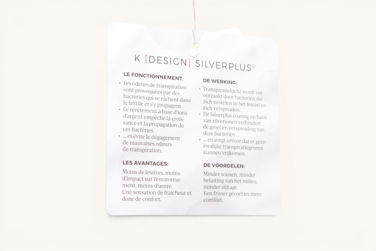 Étiquette descriptive Frippindealz K design Silverplus expliquant les avantages antibactériens du tissu
