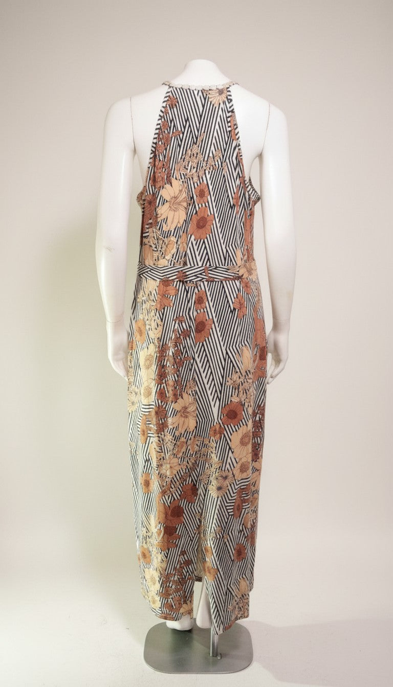 Frippindealz K design long polyester dress with floral print, beige, brown, and white stripes, halter neck, and belt.