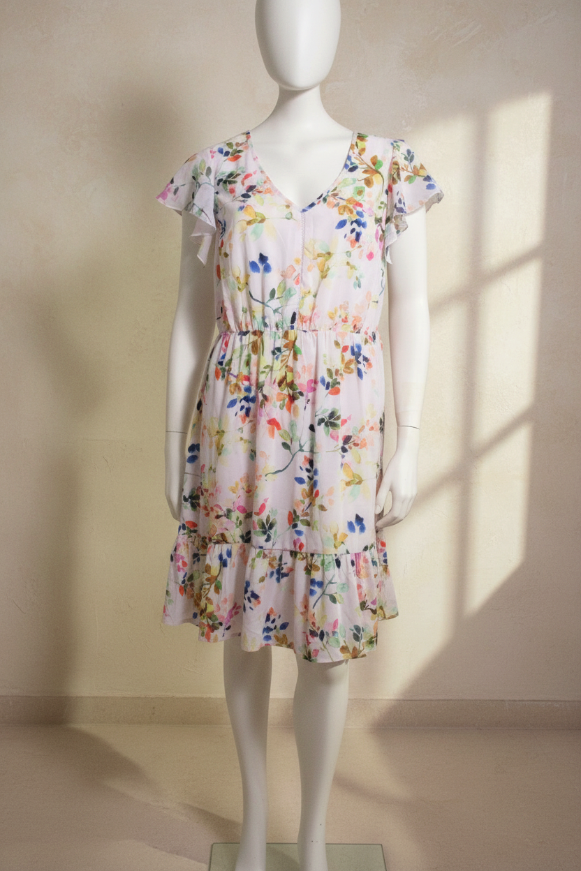 Robe mi-longue Frippindealz K design à motif floral multicolore sur fond rose avec manches à volants