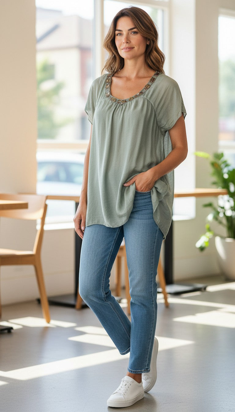 Frippindealz Kaki silk and viscose blouse with sequin embellished neckline and short sleeves. Size S.
