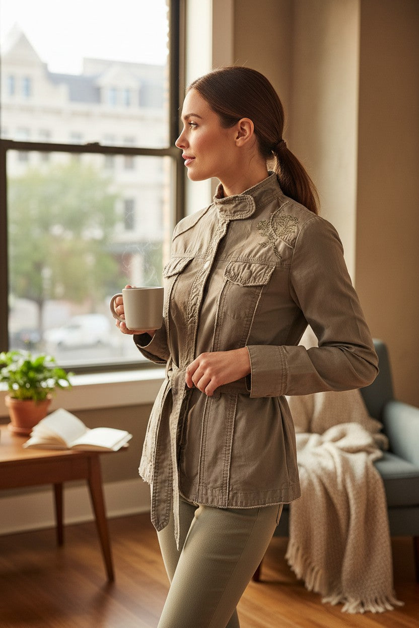 Veste militaire Frippindealz Kalamton kaki en coton avec col montant, poches poitrine et ceinture nouée