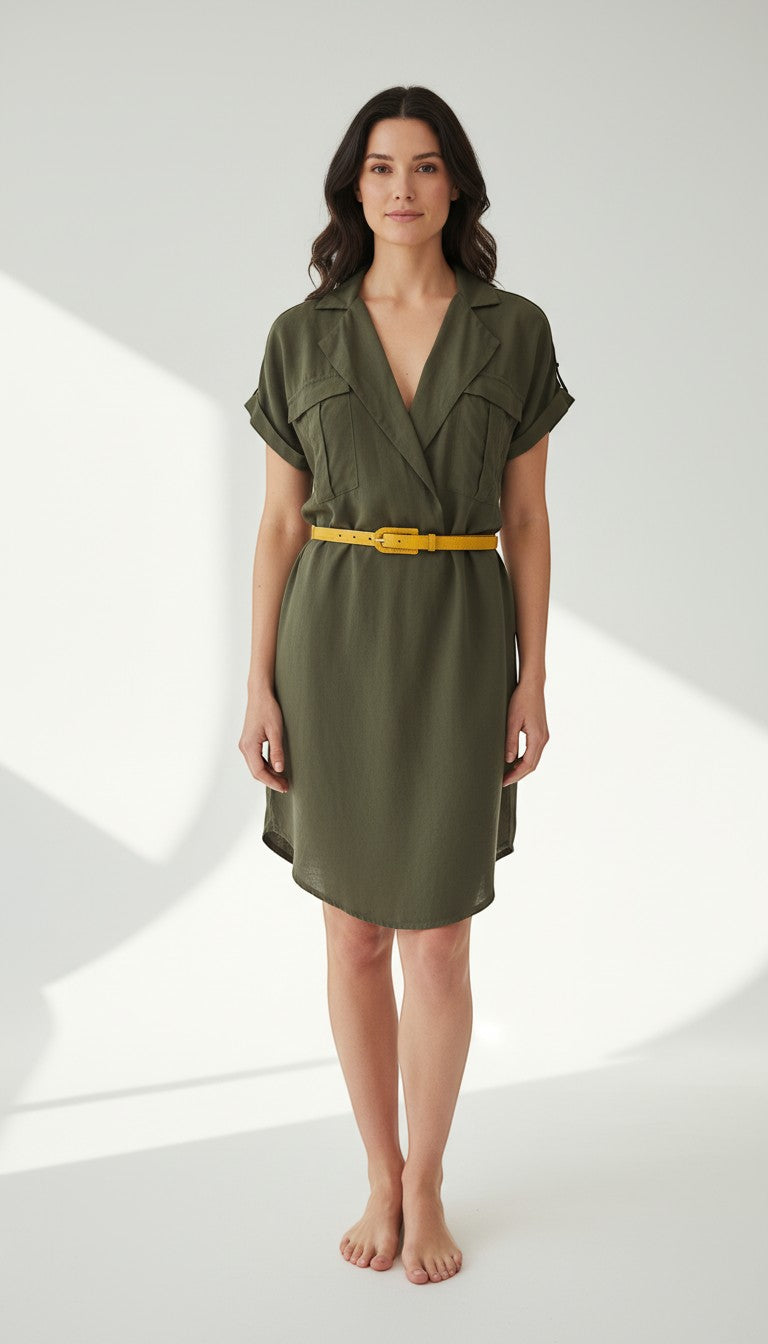 Frippindealz khaki Lyocell midi dress with short sleeves, collared neckline, and two chest pockets. Belt sold separately.