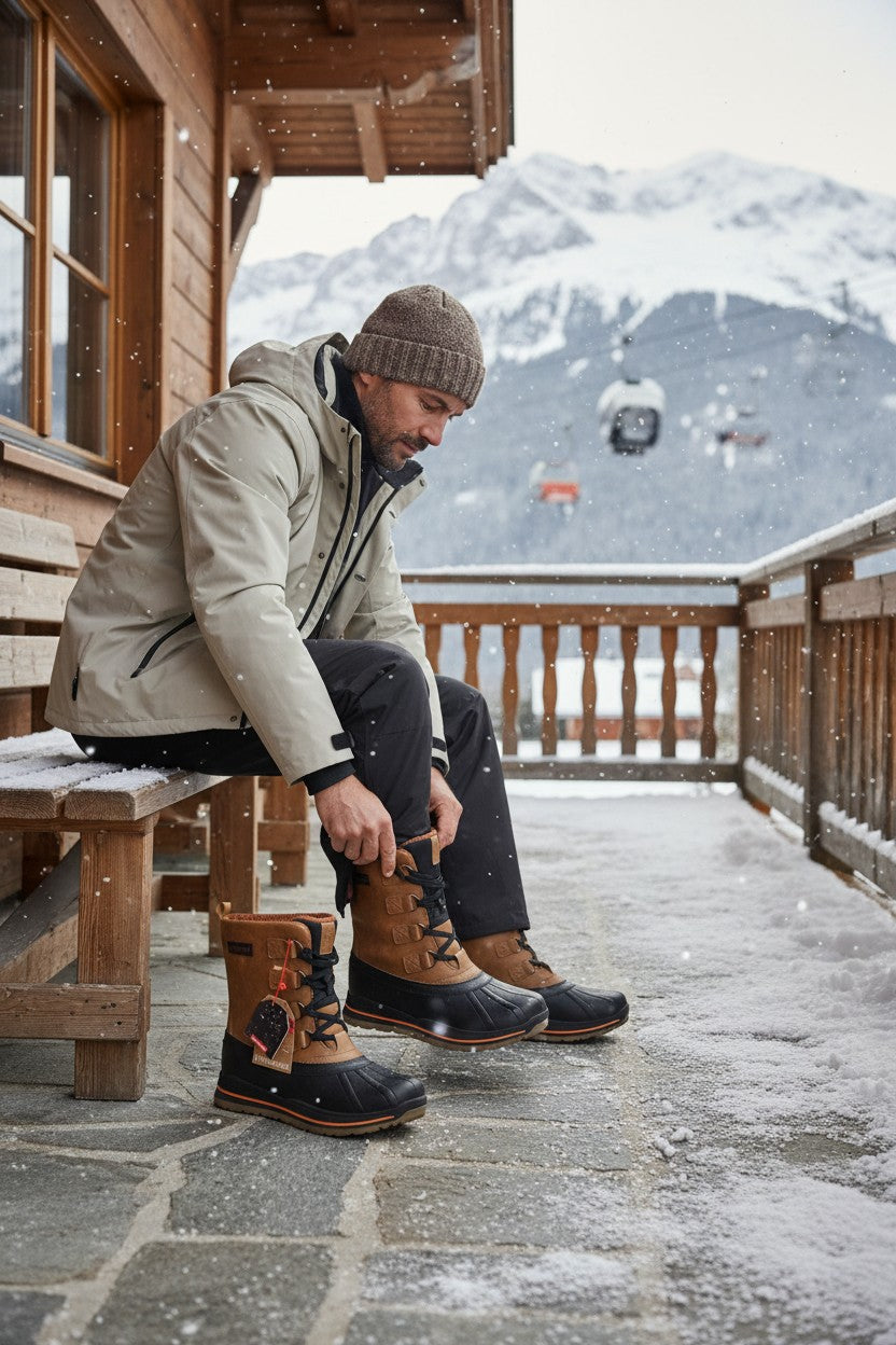 Homme portant des bottes après-ski Frippindealz Kimberfeel Leonard camel et noir imperméables sur une terrasse enneigée