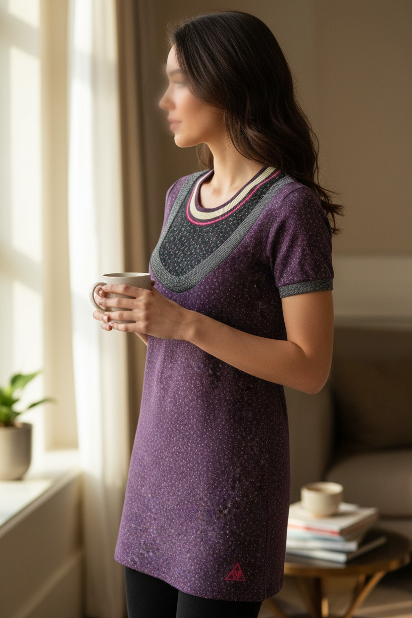Femme portant un haut Frippindealz Le Coq Sportif violet en coton avec col contrasté et motifs discrets