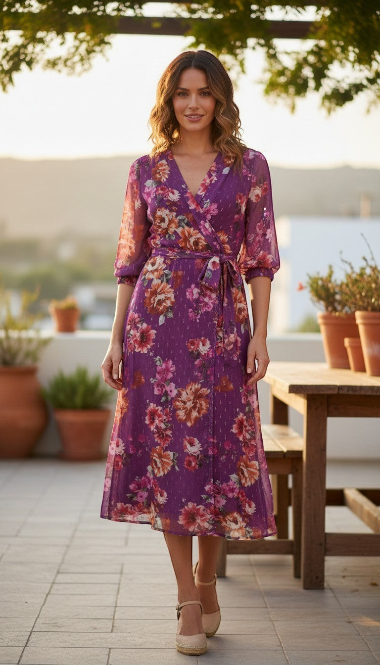 Frippindealz Lolaliza purple floral print viscose elastane wrap maxi dress with 3/4 sleeves.