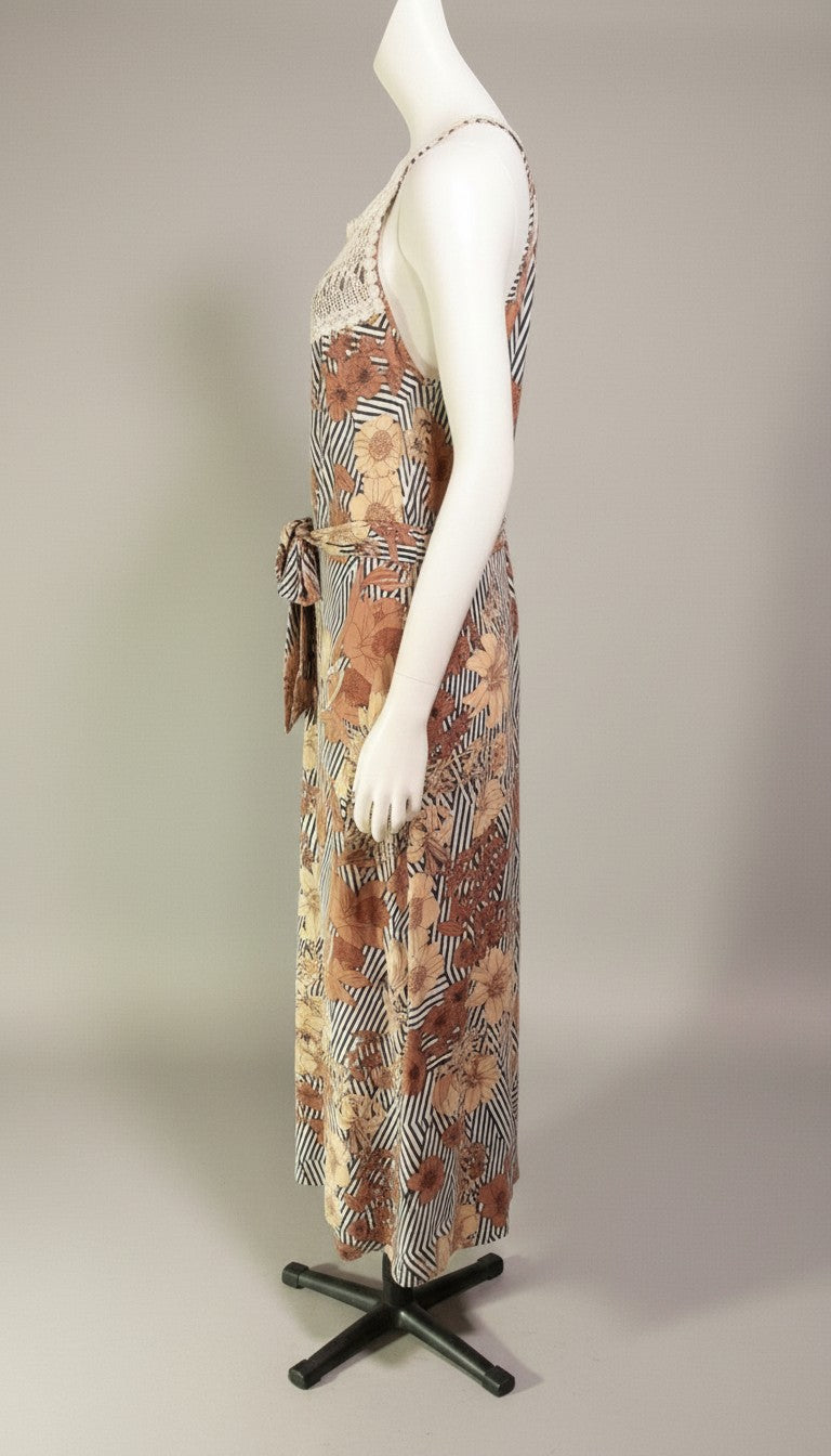Frippindealz long polyester dress with floral print in brown, beige, and white, featuring a tie waist and crochet trim.