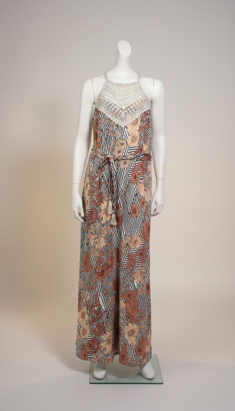 Frippindealz K design long polyester dress with crochet neckline, floral print, and striped pattern. Includes belt.