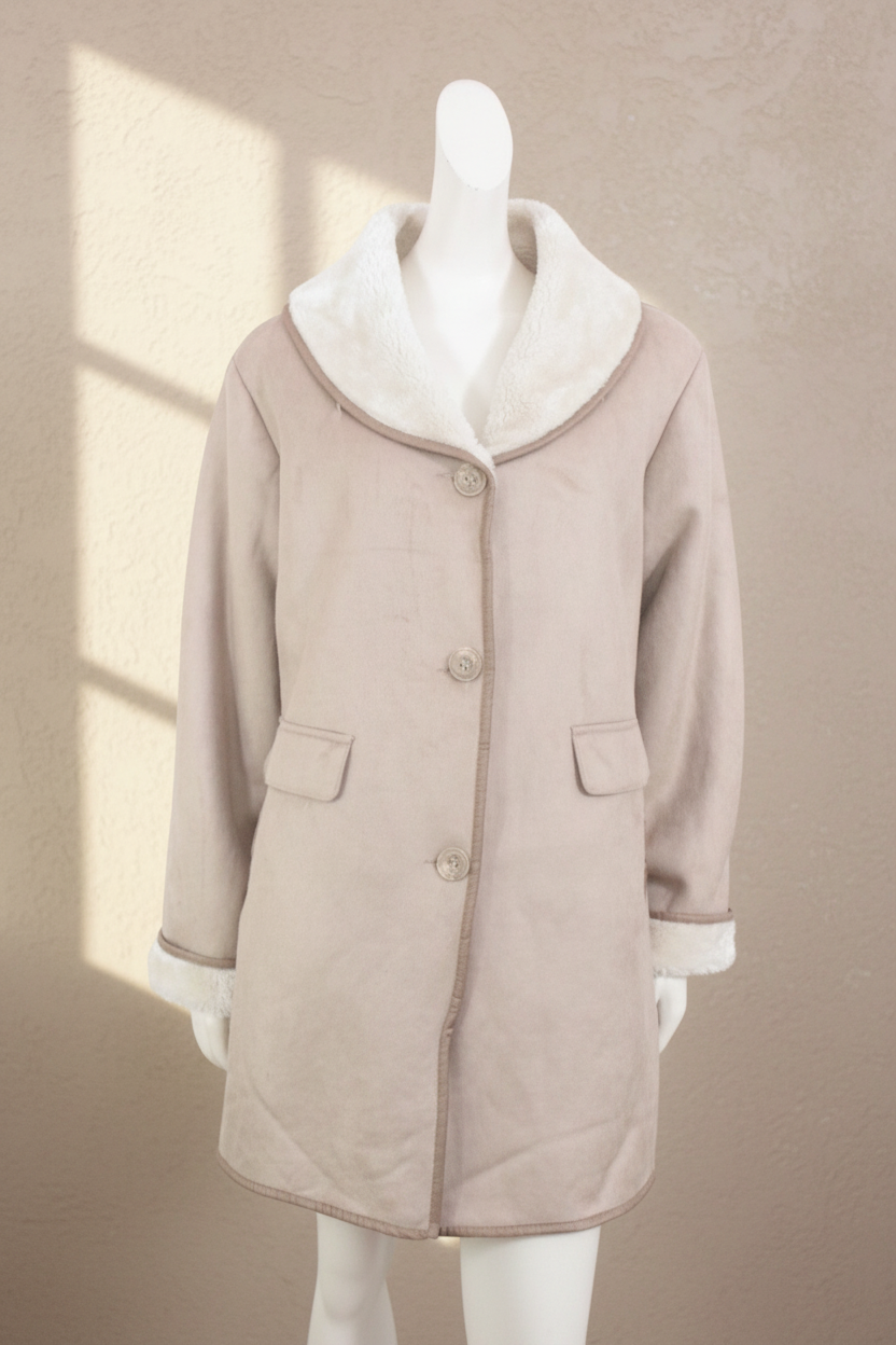 Manteau Frippindealz Gabriella Vincenza beige en polyester avec col et revers en fausse fourrure blanche