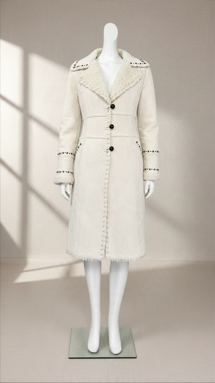 Manteau long Frippindealz blanc en fausse fourrure avec boutons noirs et détails cloutés sur le col et les manches