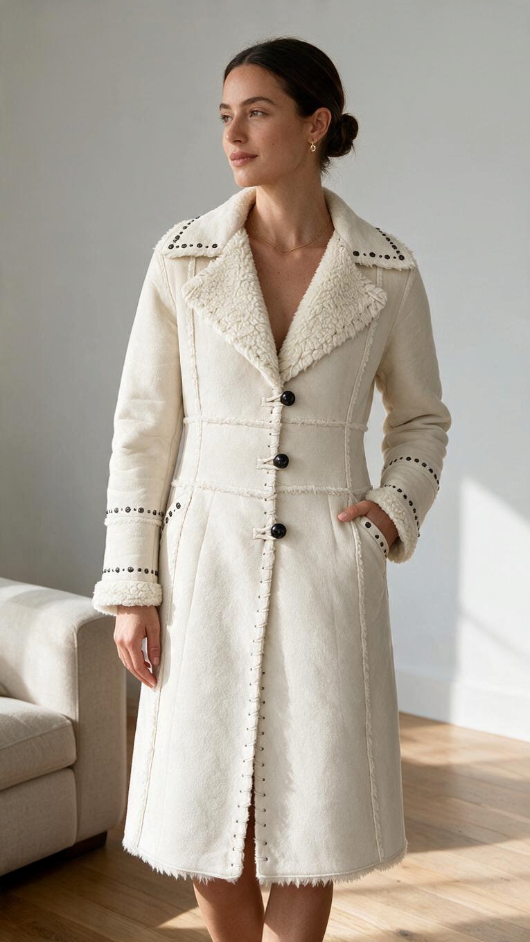 Manteau long blanc Frippindealz en fausse fourrure avec boutons noirs et détails cloutés sur le col et les poignets
