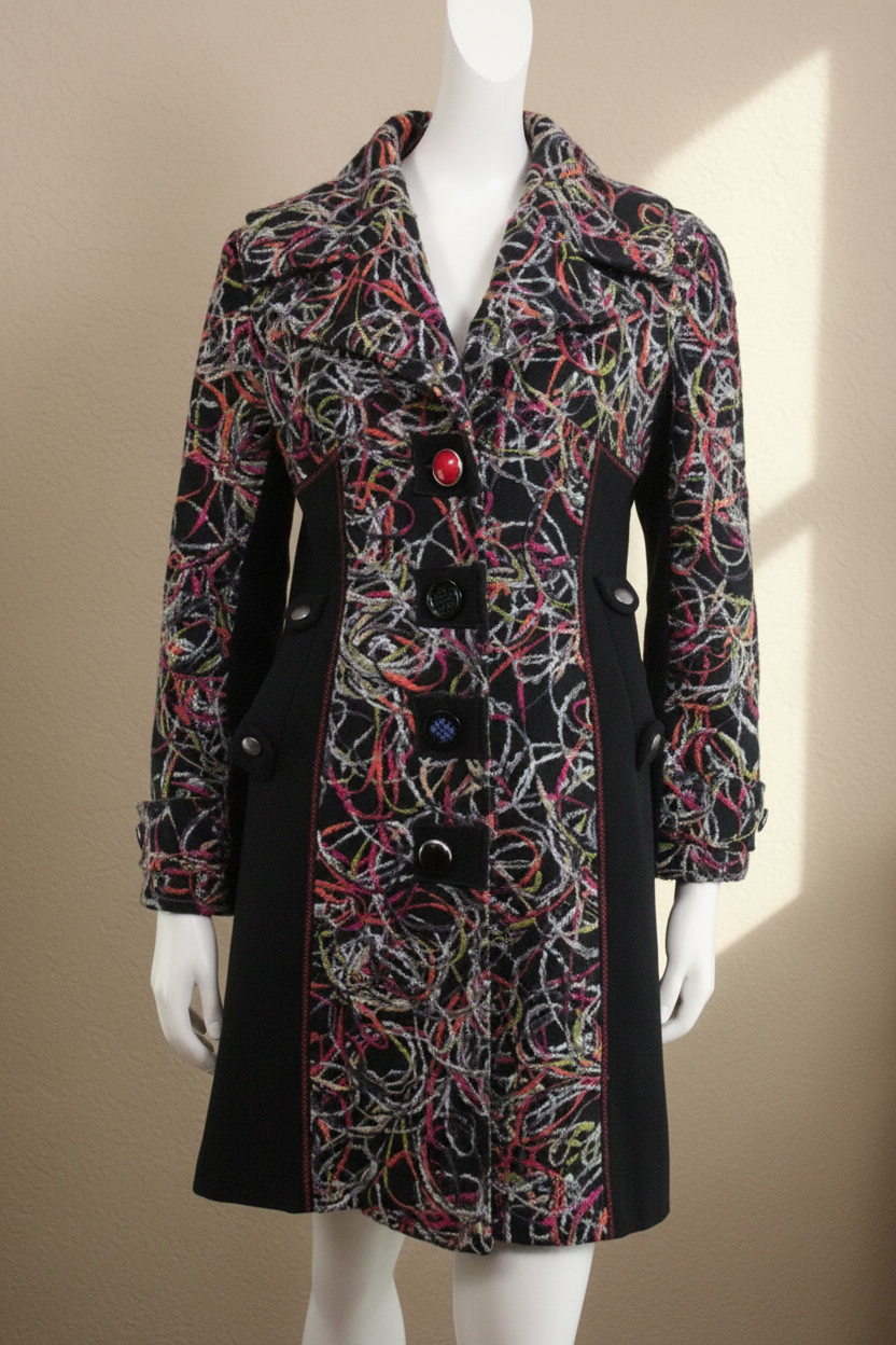 Manteau bohème Frippindealz en laine, viscose et polyester, noir avec motifs multicolores et boutons décoratifs