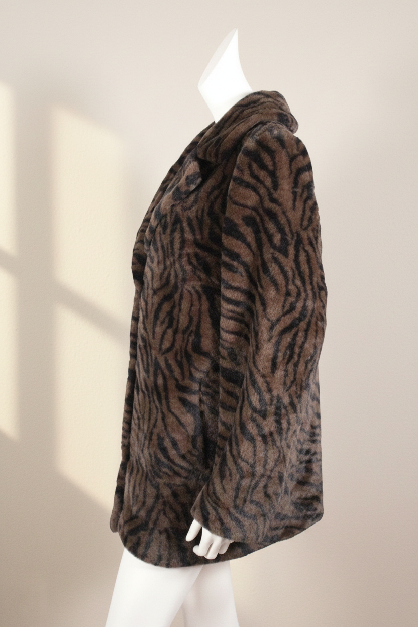 Manteau mi-long Frippindealz en fausse fourrure K design à motif zébré kaki et noir sur mannequin
