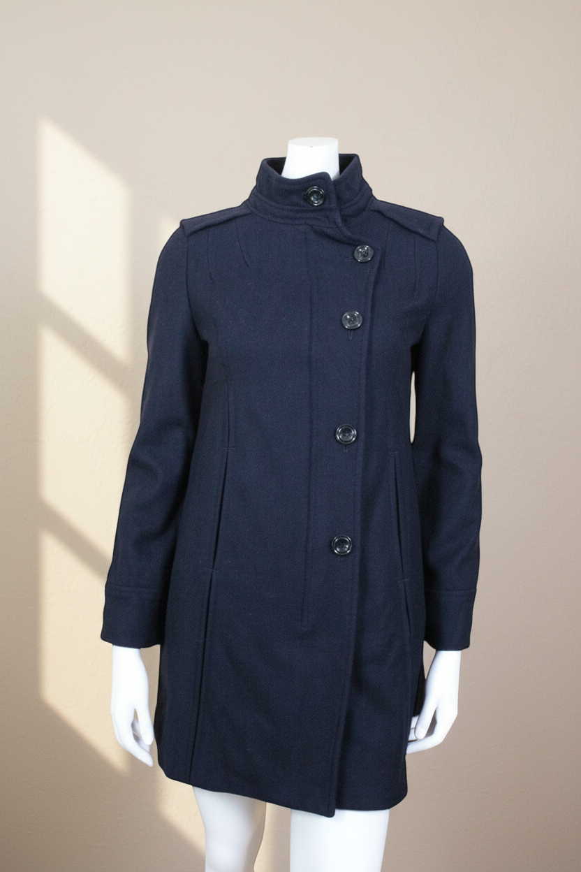 Manteau Frippindealz Zara bleu marine en laine et polyester avec col montant et fermeture boutonnée