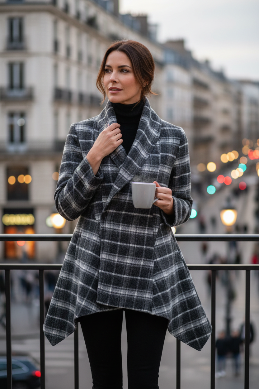 Femme portant un manteau Frippindealz en laine et polyester à carreaux gris, noir et blanc sur un balcon parisien.