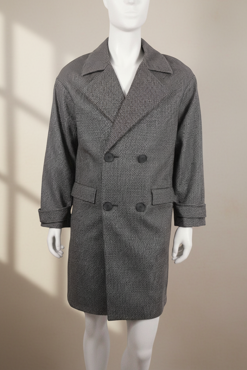 Manteau mi-long Frippindealz Eleven Paris en laine et polyester gris à motif pied-de-poule et double boutonnage