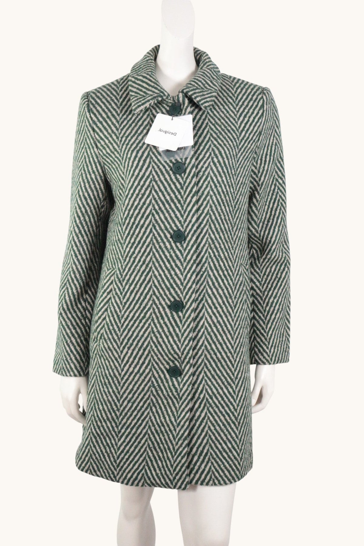 Manteau mi-long Frippindealz Desigual en laine vert et beige avec motif zigzag et fermeture boutonnée