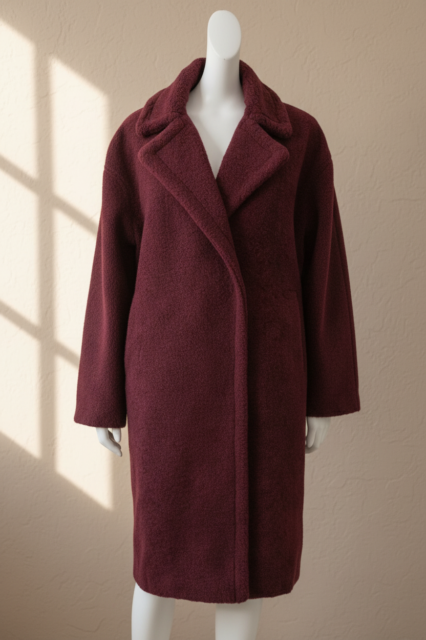 Manteau long bordeaux Frippindealz en mélange coton et polyester, coupe droite avec col à revers, style élégant.