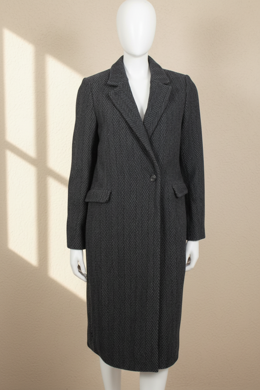 Manteau long Frippindealz Scotch & Soda gris et noir en laine et polyester avec motif chevrons et col tailleur