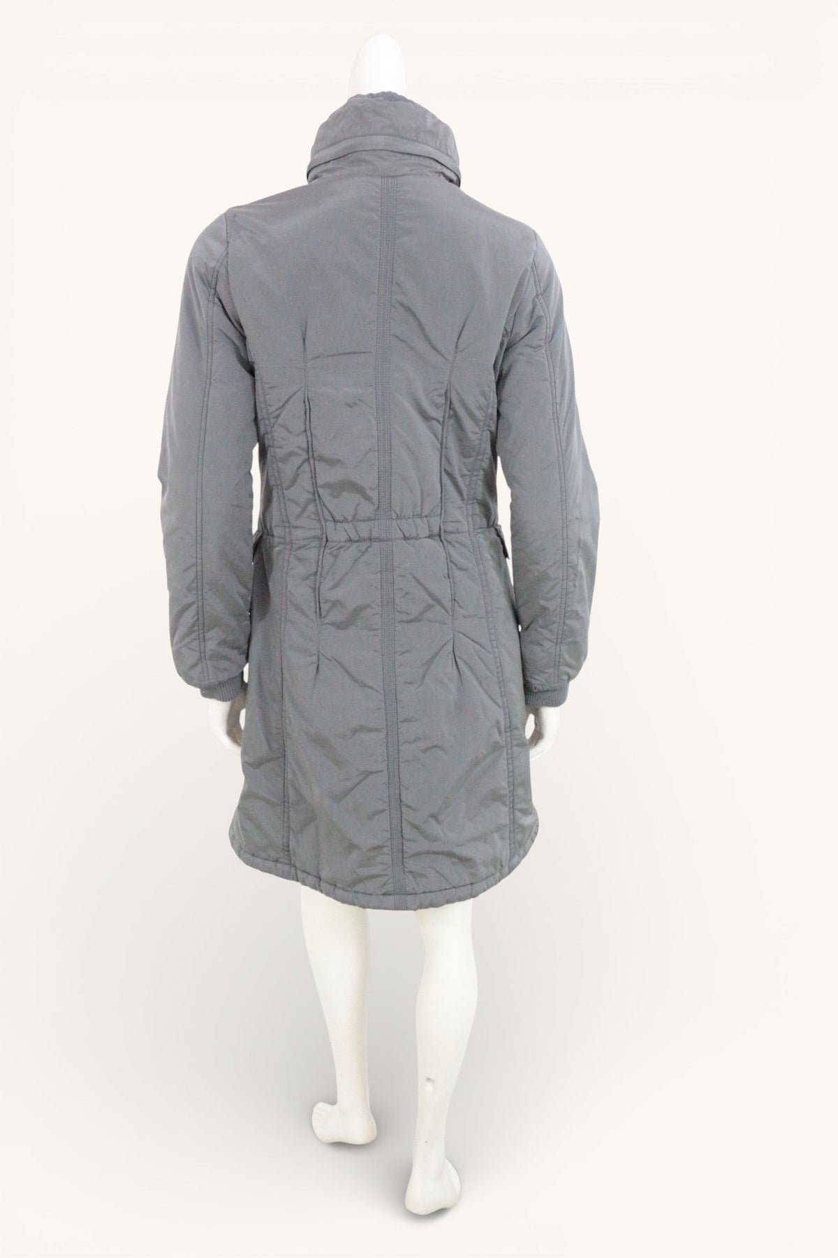 Manteau long imperméable gris Frippindealz en polyester, coupe cintrée avec col montant, vue arrière.