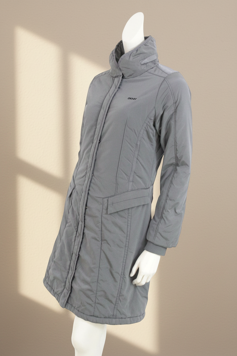 Manteau long imperméable gris Frippindealz DKNY en polyester avec col montant et fermeture zippée