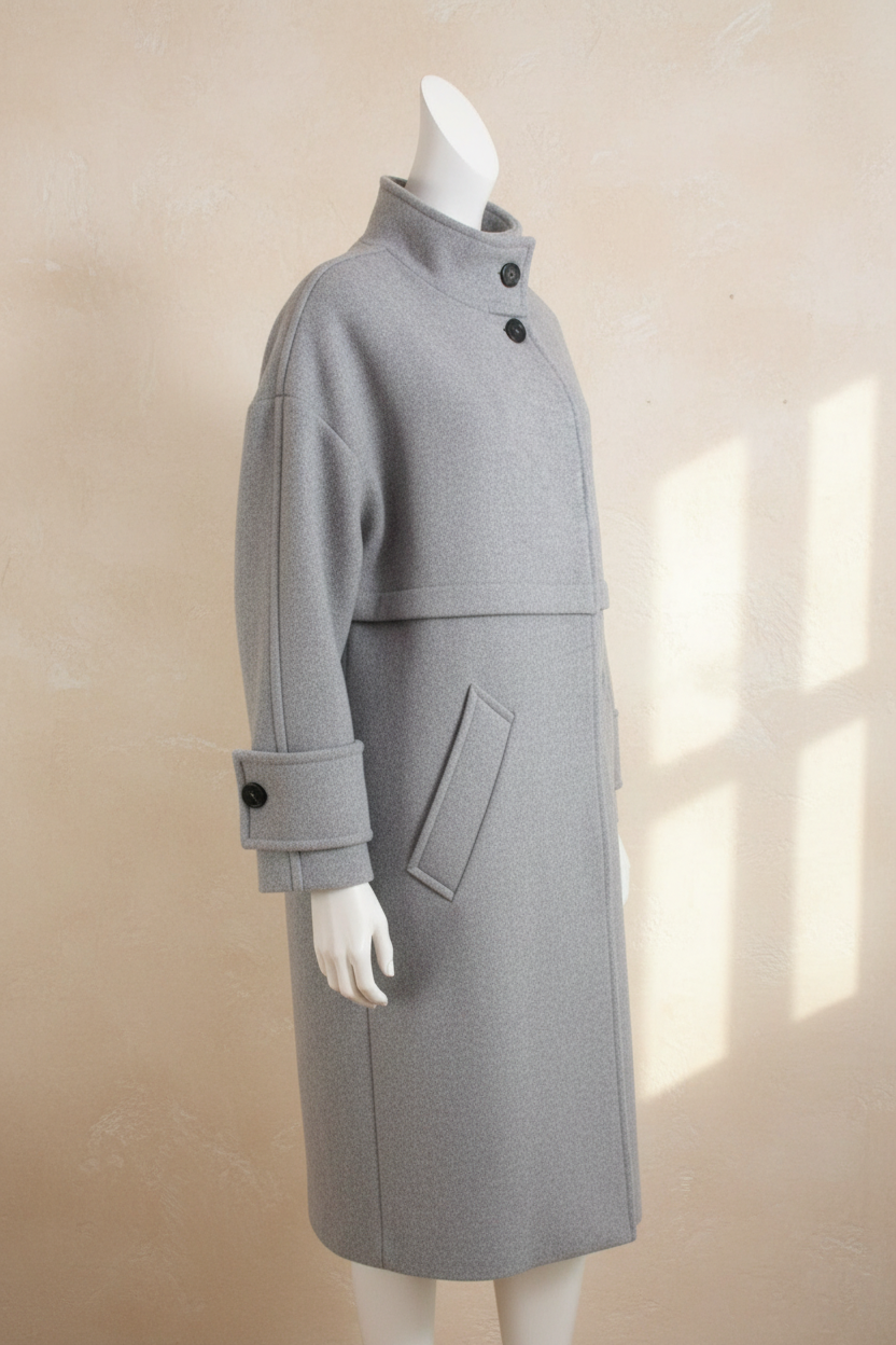 Manteau long gris Frippindealz en mélange de laine avec col montant et boutons noirs, style chic et moderne.