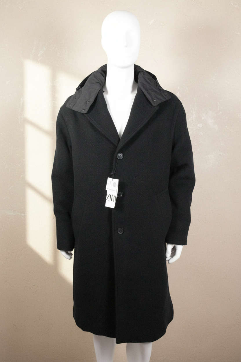 Manteau long noir Frippindealz en mélange coton et polyester avec capuche amovible et boutons, état neuf.