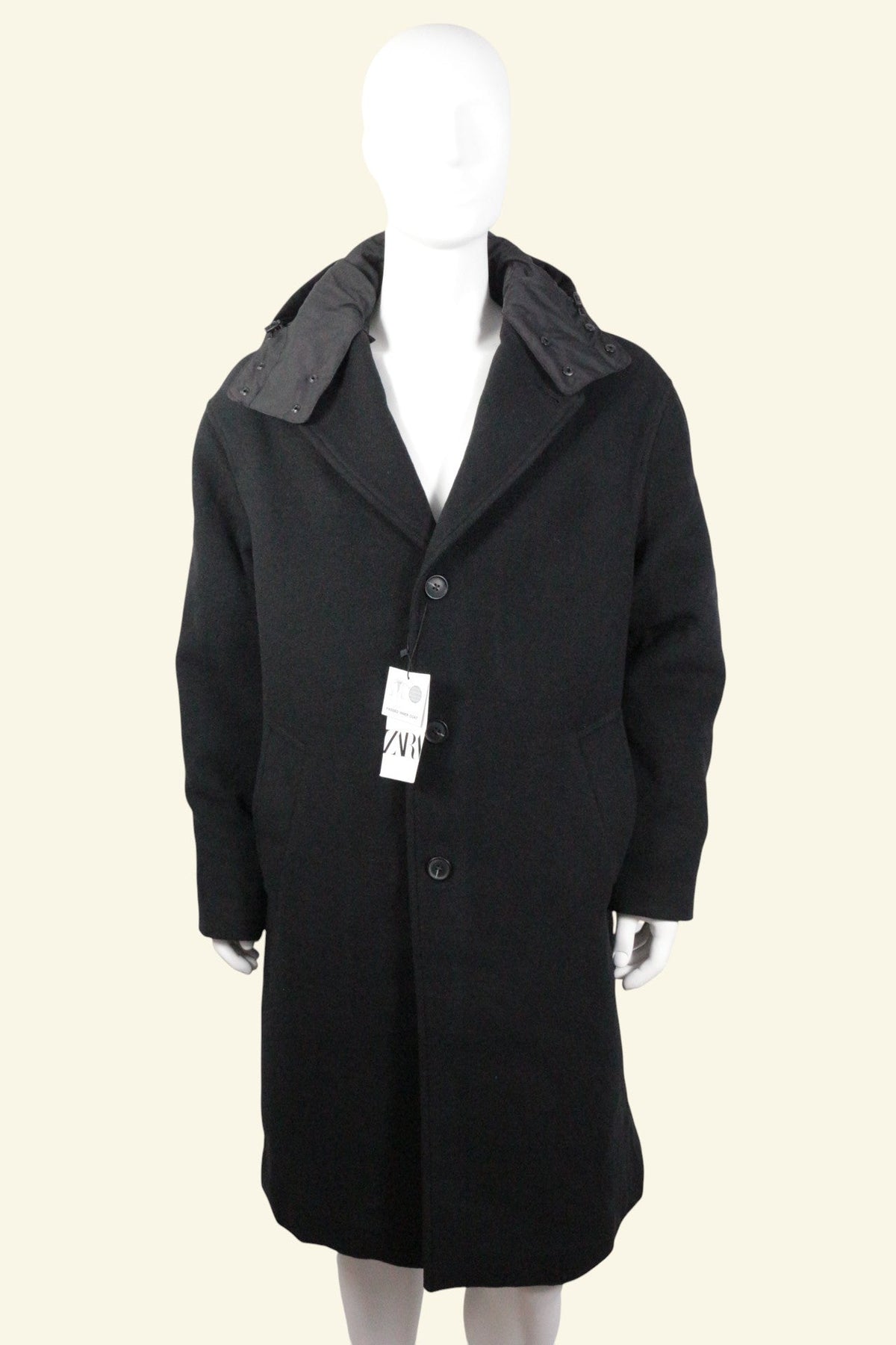 Manteau long noir Frippindealz en mélange coton et polyester avec capuche amovible et boutons, état neuf