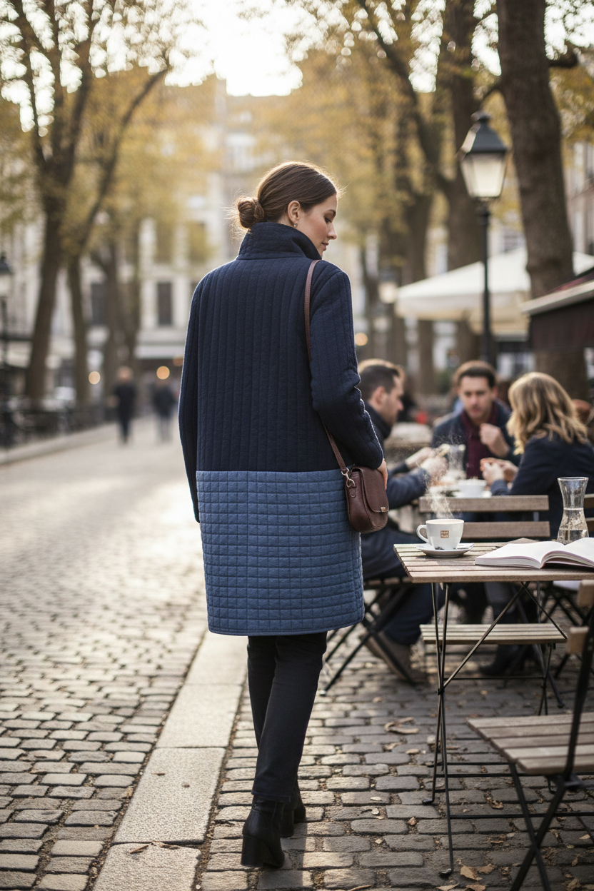 Manteau mi-long matelassé bicolore bleu Frippindealz porté par une femme dans une rue pavée avec terrasse de café