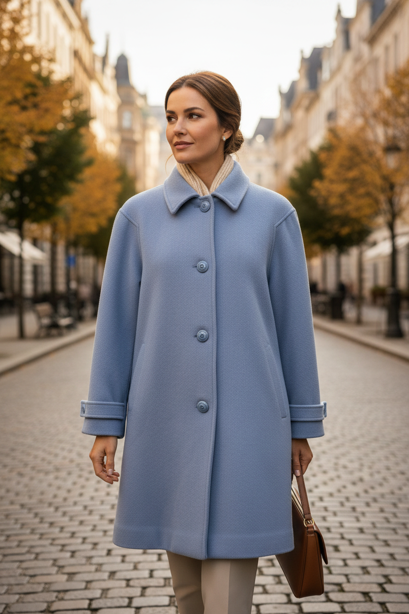 Femme portant un manteau mi-long bleu Weinberg en laine et polyester dans une rue pavée, style vintage élégant