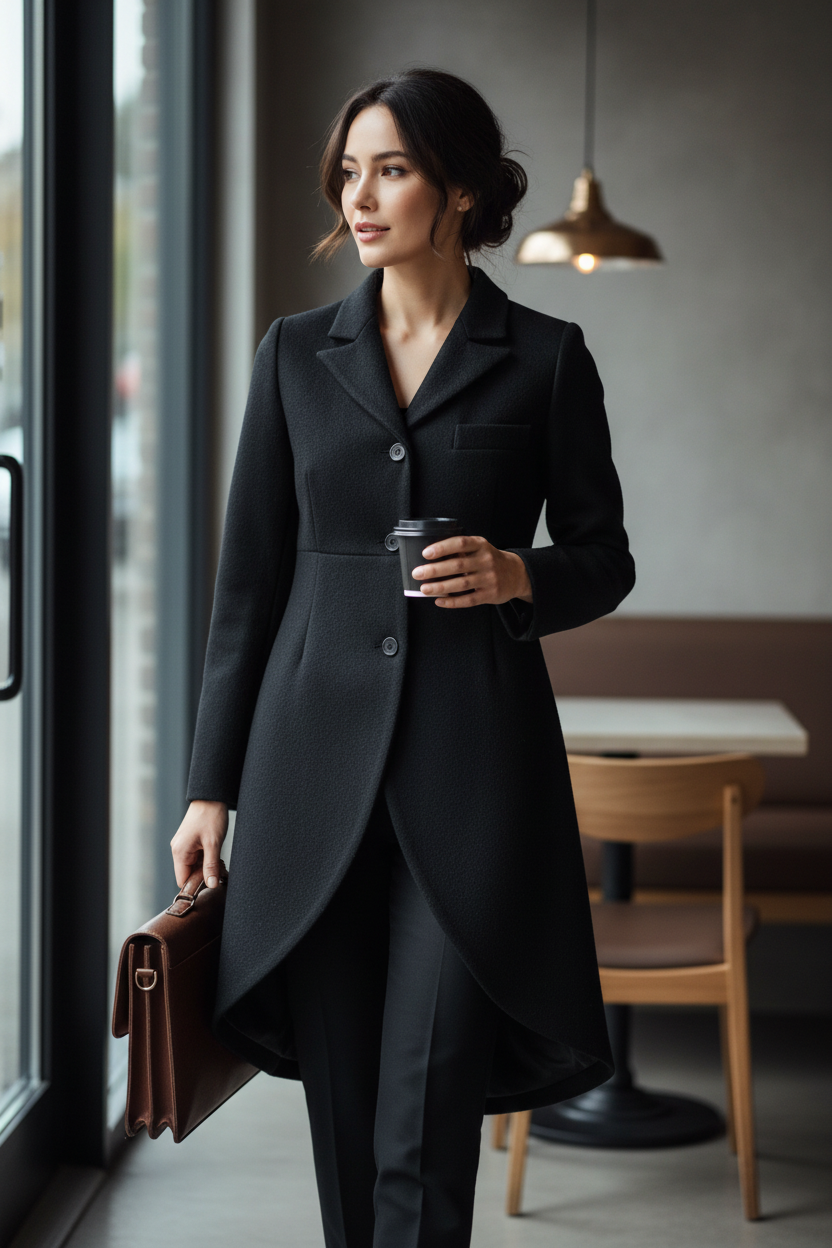 Femme élégante portant un manteau mi-long noir Frippindealz en mélange polyester et viscose avec fermeture à boutons