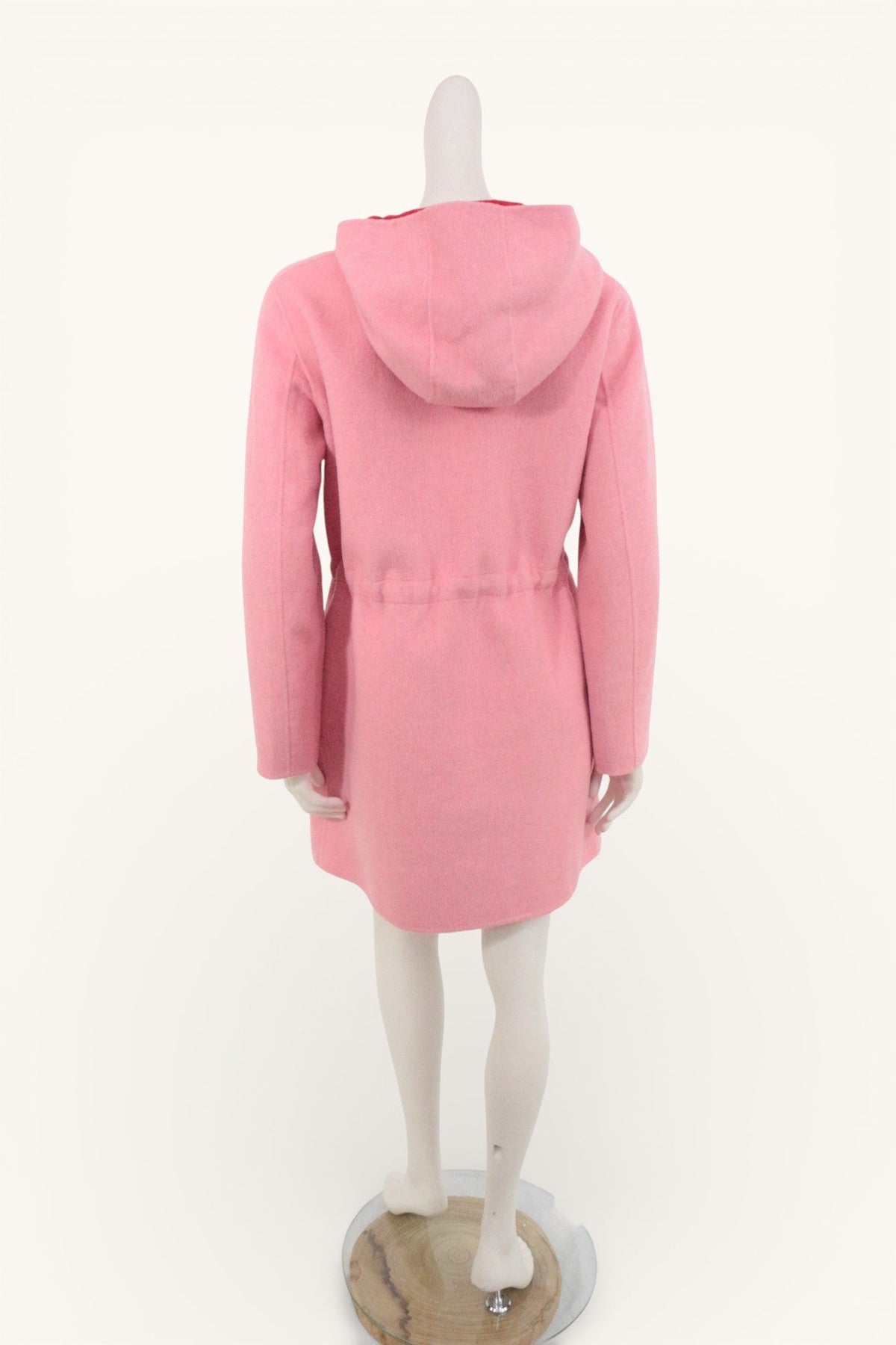 Vue arrière du manteau mi-long rose bonbon Frippindealz avec capuche, en mélange laine et polyester