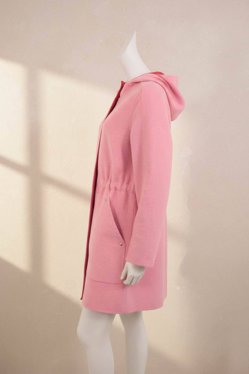 Manteau mi-long rose Frippindealz avec capuche, coupe cintrée et poches latérales sur mannequin
