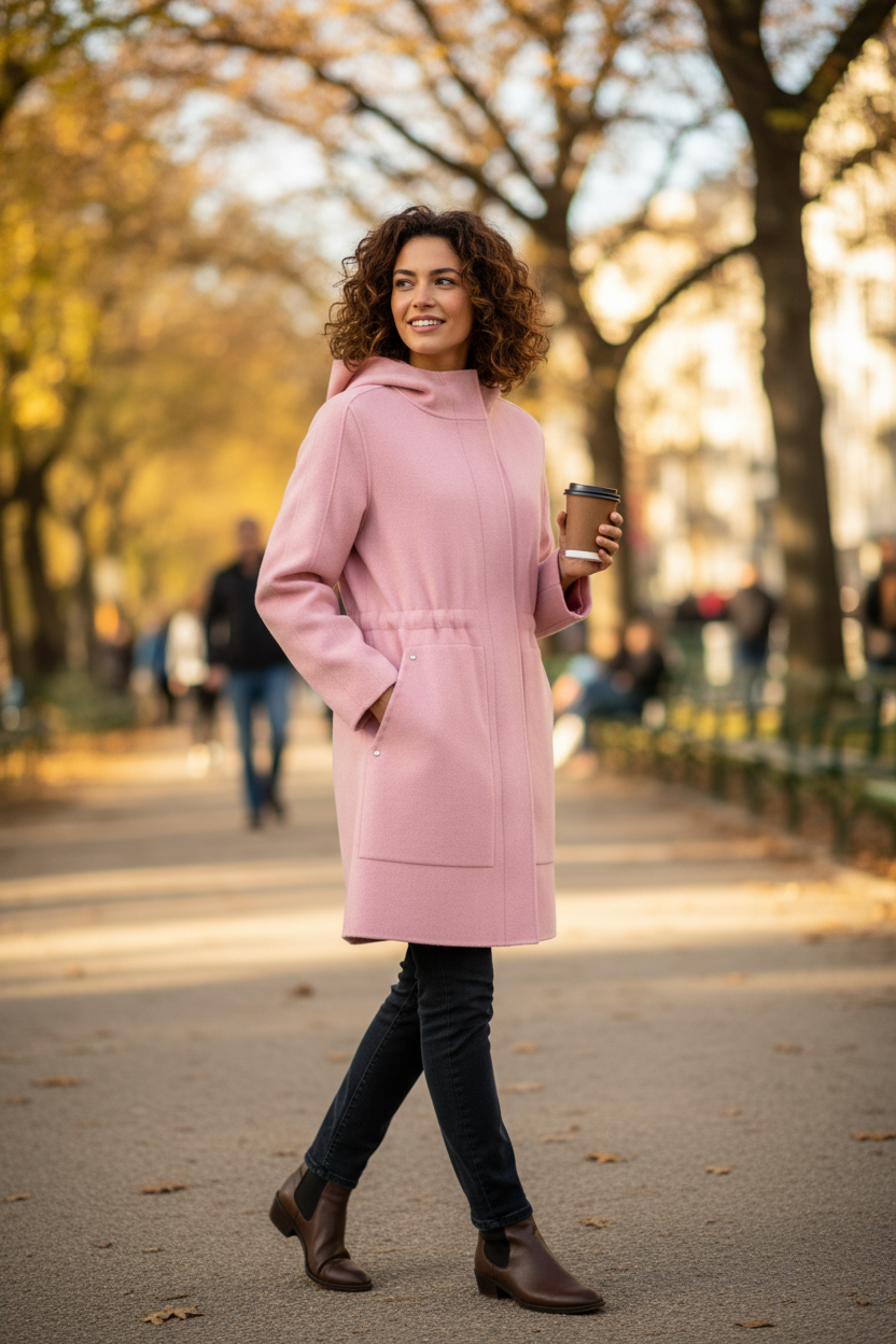 Femme portant un manteau mi-long rose Frippindealz avec capuche, marchant dans un parc en automne avec un café.