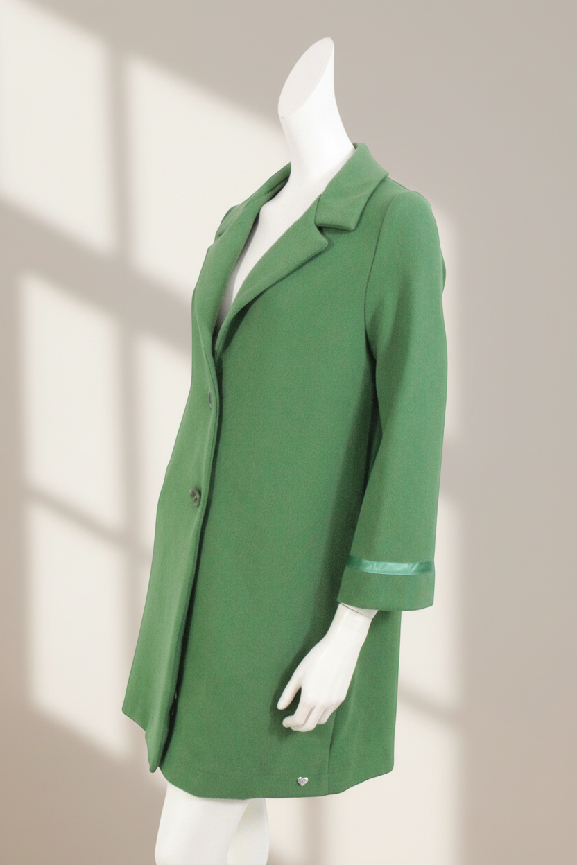 Manteau mi-long vert vibrant Frippindealz en polyester et viscose avec boutons classiques et coupe élégante