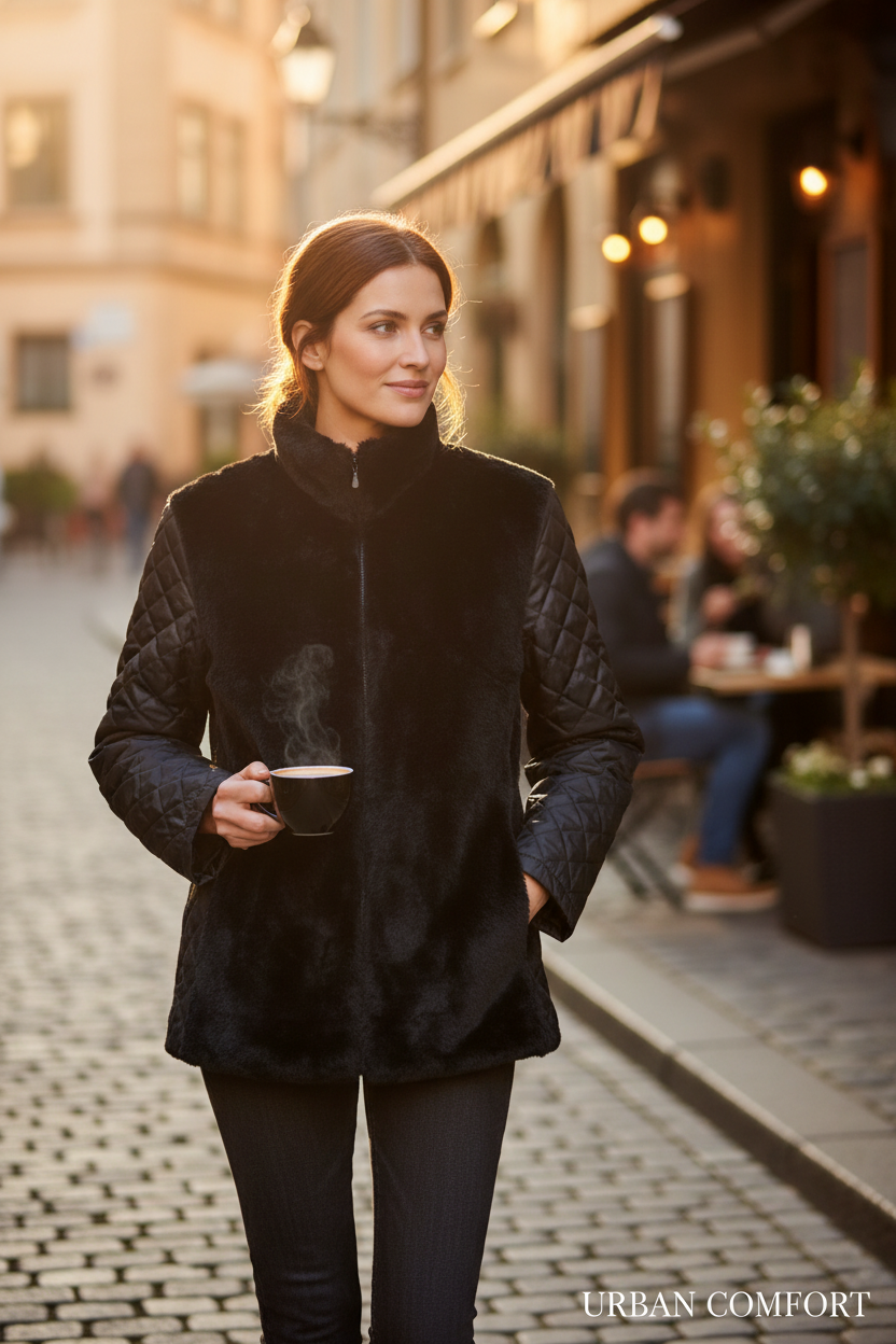 Manteau noir Frippindealz en fausse fourrure avec manches matelassées et col montant porté en ville