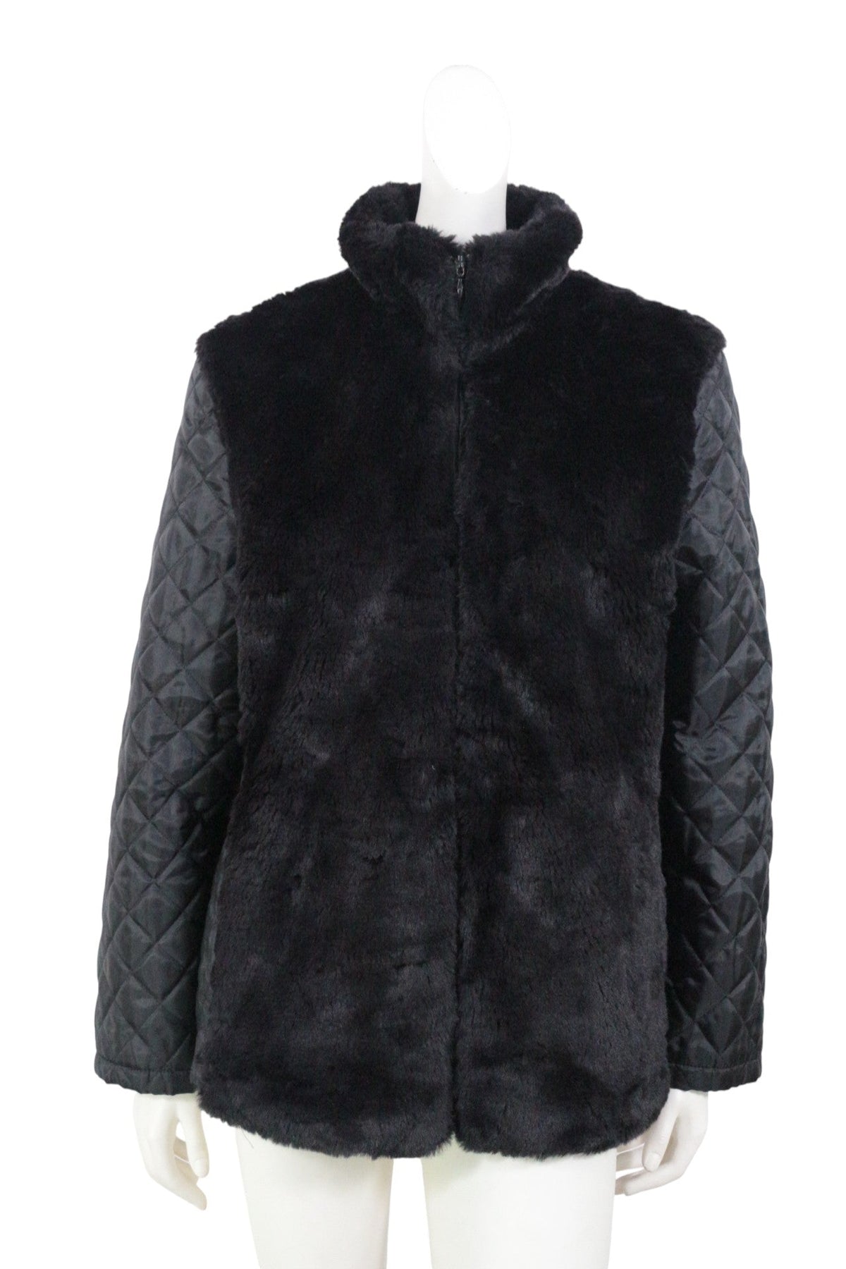 Manteau Frippindealz noir en fausse fourrure avec manches matelassées et col montant pour femme