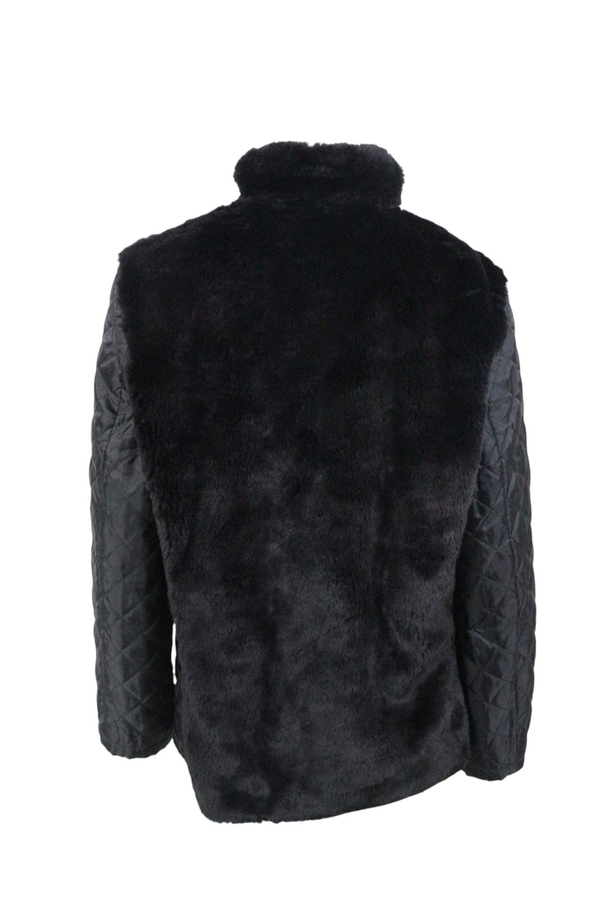 Manteau Frippindealz noir en fausse fourrure avec manches matelassées et col montant, vue arrière.