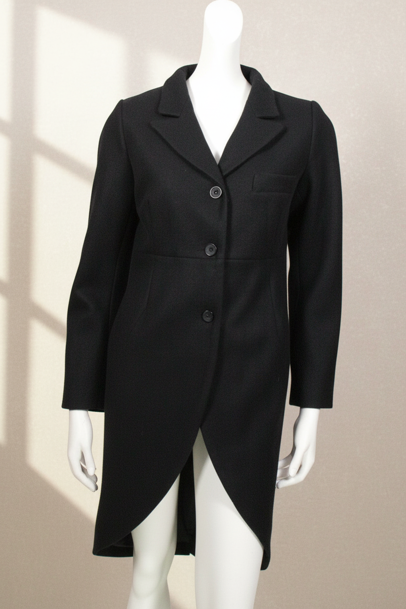 Manteau mi-long noir Frippindealz en mélange polyester et viscose avec col à revers et fermeture à trois boutons
