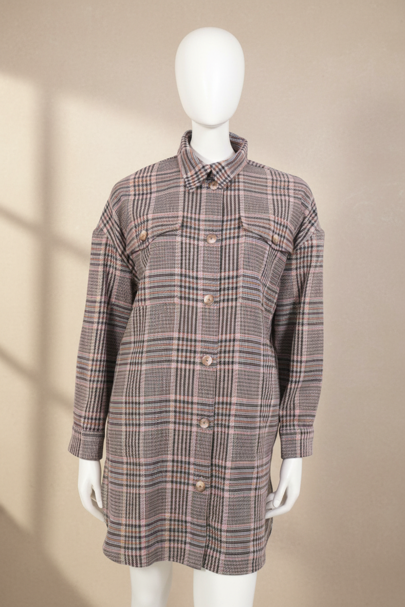 Manteau Frippindealz River Woods à motif plaid beige et marron, en mélange acrylique, laine et polyester, neuf.