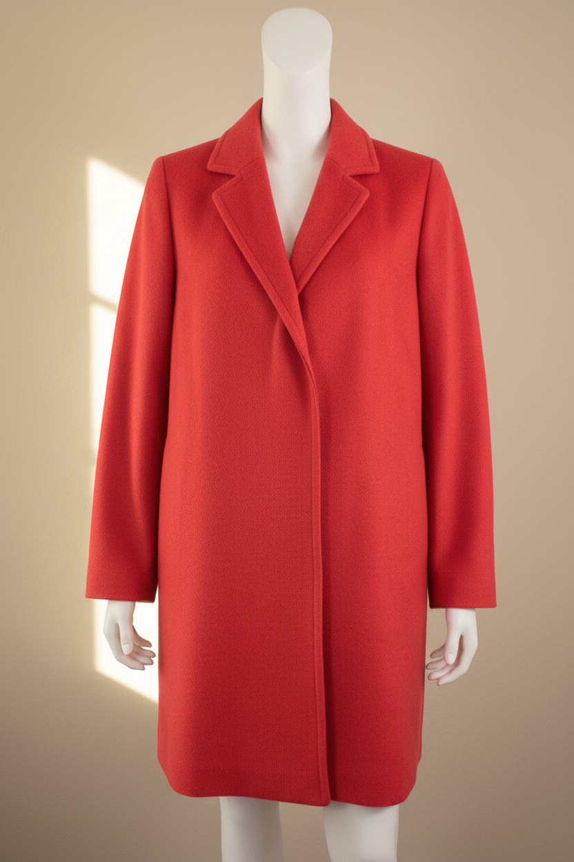 Manteau mi-long rouge Frippindealz en mélange de laine et polyester, coupe élégante et minimaliste sur mannequin.