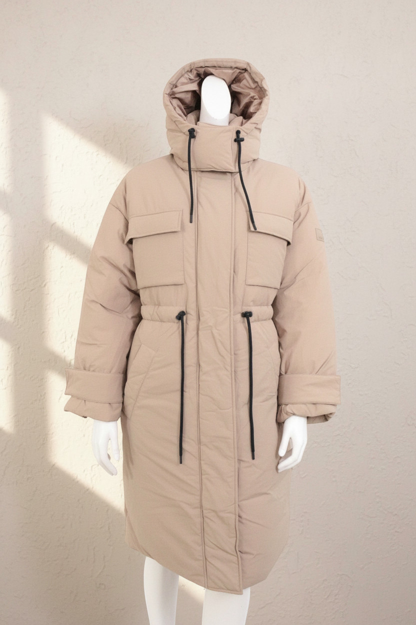 Doudoune longue beige Frippindealz avec capuche, poches poitrine et cordon de serrage à la taille